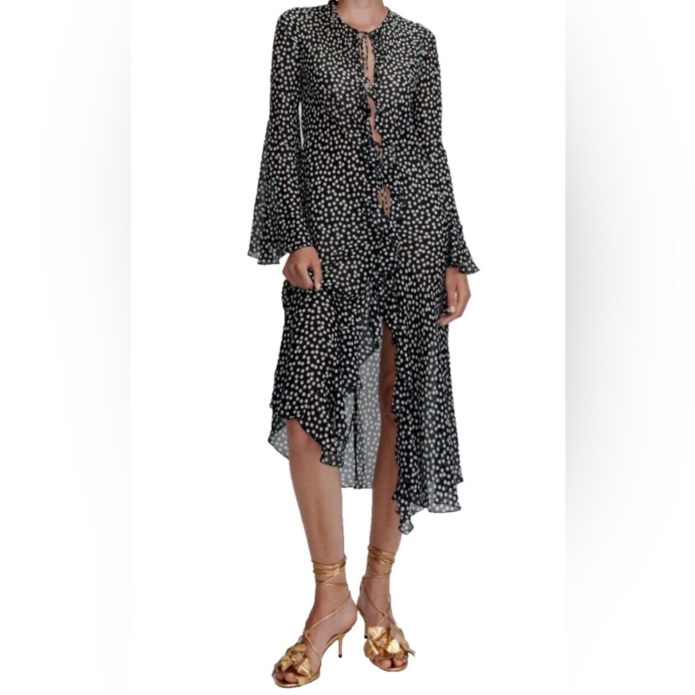 Zara Black and White Polka Dot Tie Front Maxi Dress